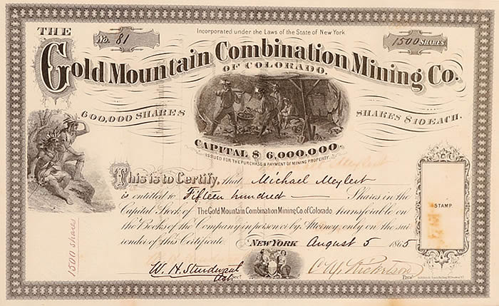 Gold Mountain Combination Mining Company Stock Certificate