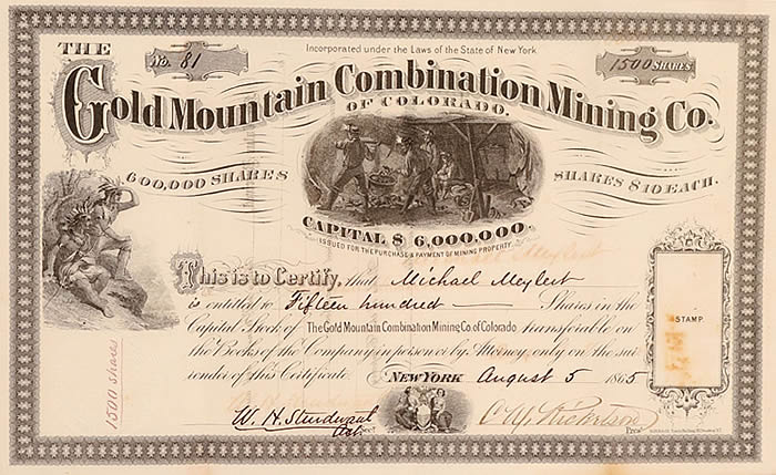 Gold Mountain Combination Mining Company Stock Certificate Gold Mountain Combination Mining Company Stock Certificate
