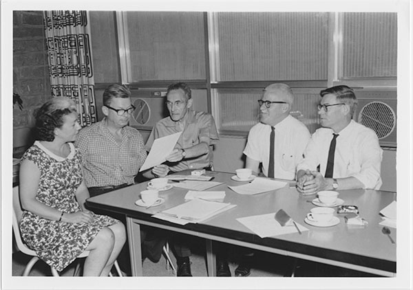 Morley and Arthur Ballantine, Alfred Camp, John F. Reed, and Robert Delaney discussing the formation of the Center of Southwest Studies in 1964. Morley and Arthur Ballantine, Alfred Camp, John F. Reed, and Robert Delaney discussing the formation of the Center of Southwest Studies in 1964.