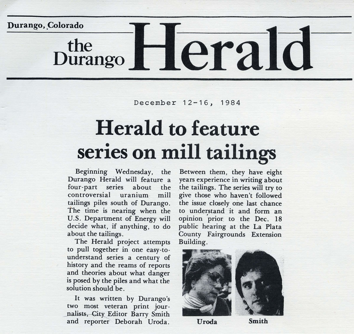 Herald to feature series on mill tailings